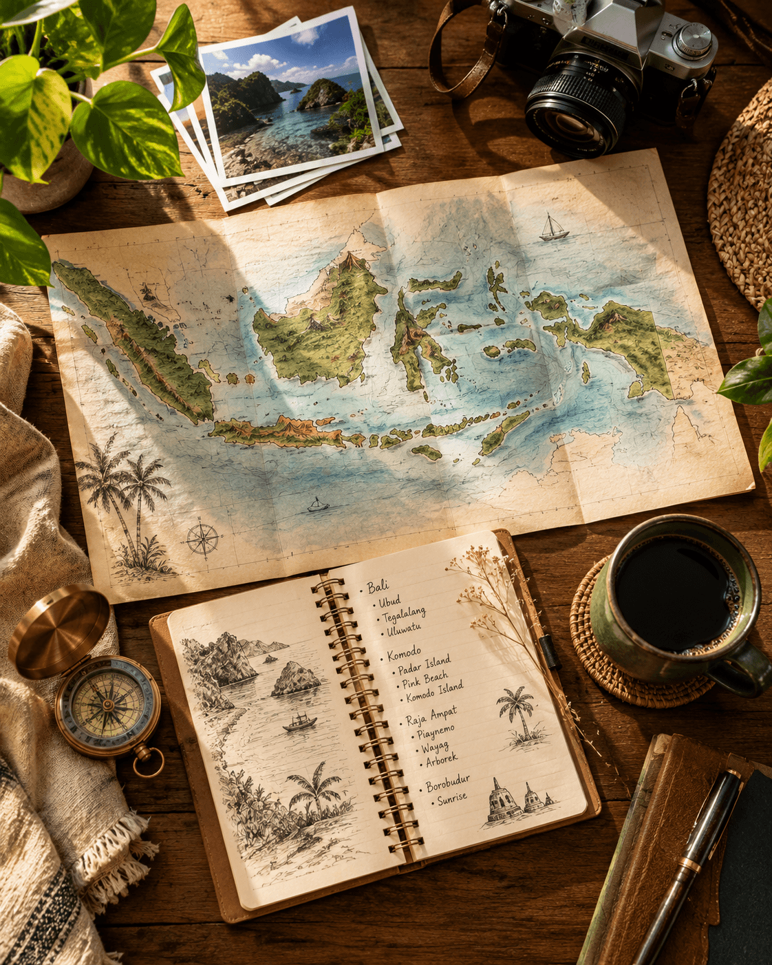 Travel planning flat-lay with map, passport, and camera